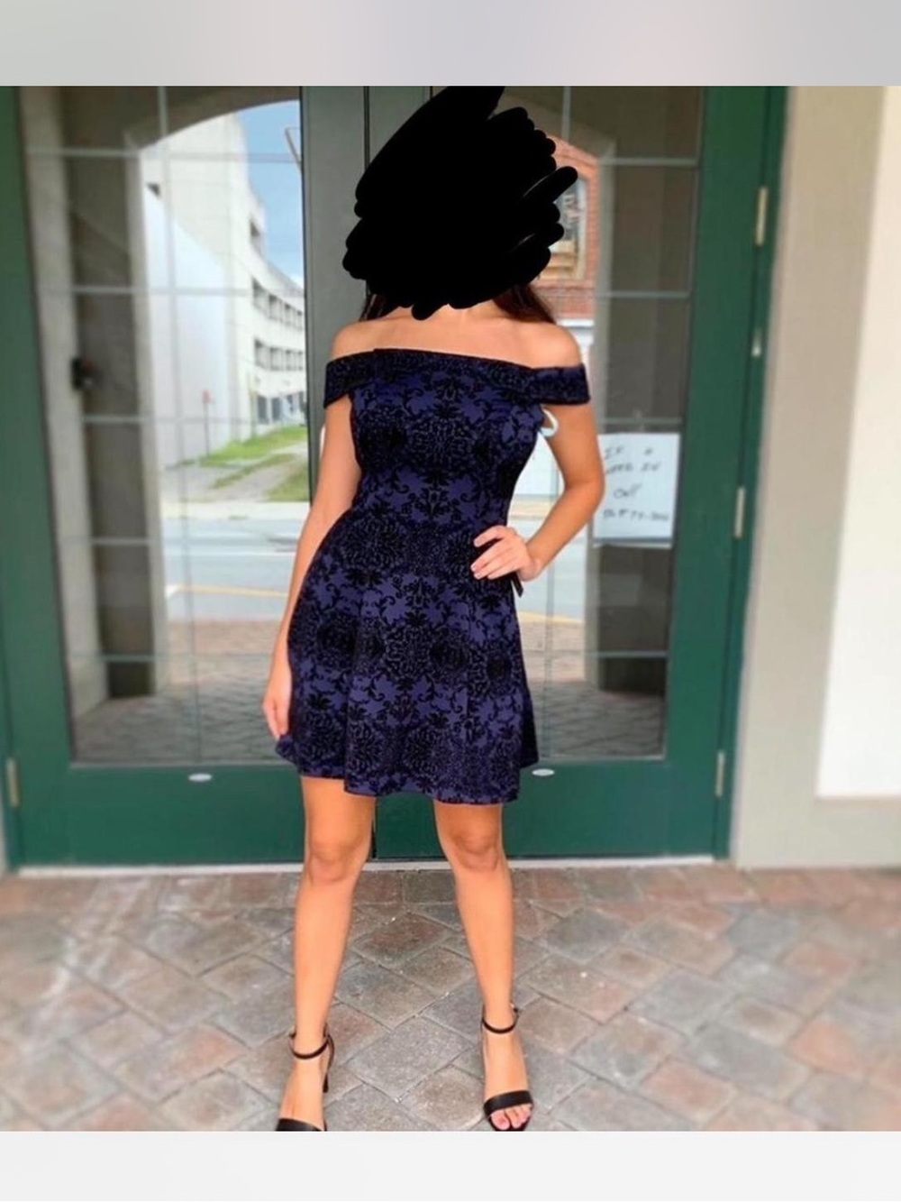 Teeze Me Off-Shoulder Dark Blue Floral Velvet Mini Dress